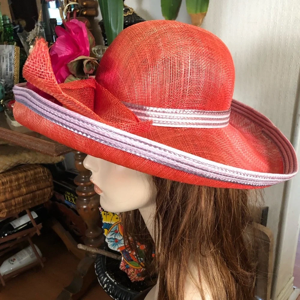 Vintage Wide Brim Red Straw Hat - Picture 6 of 10